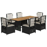 7 Piece Garden Dining Set with Cushions Black Poly Rattan
