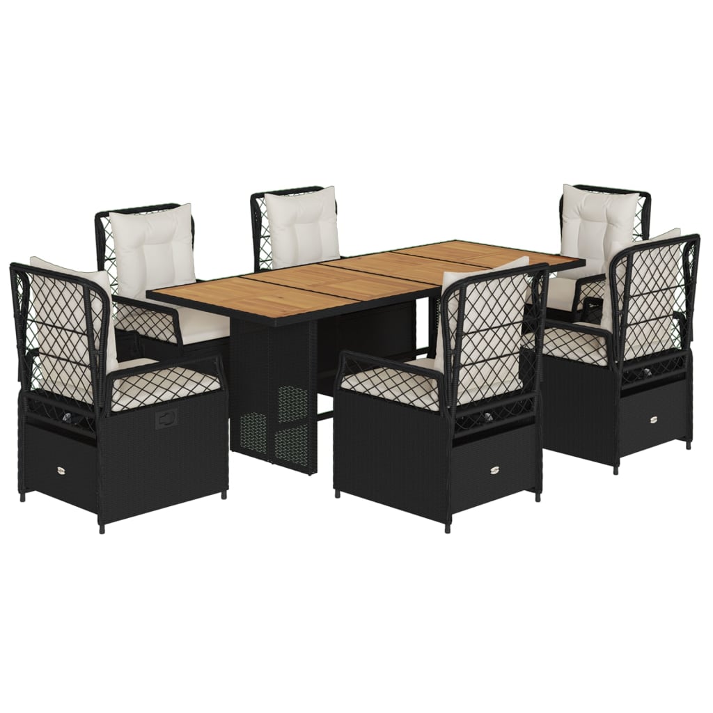 7 Piece Garden Dining Set with Cushions Black Poly Rattan