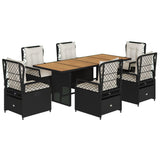 7 Piece Garden Dining Set with Cushions Black Poly Rattan - Front View