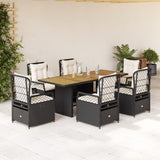 7 Piece Garden Dining Set with Cushions Black Poly Rattan