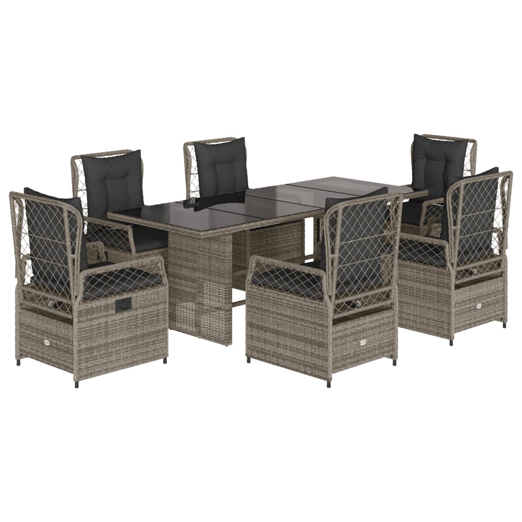 7 Piece Garden Dining Set with Cushions Grey Poly Rattan