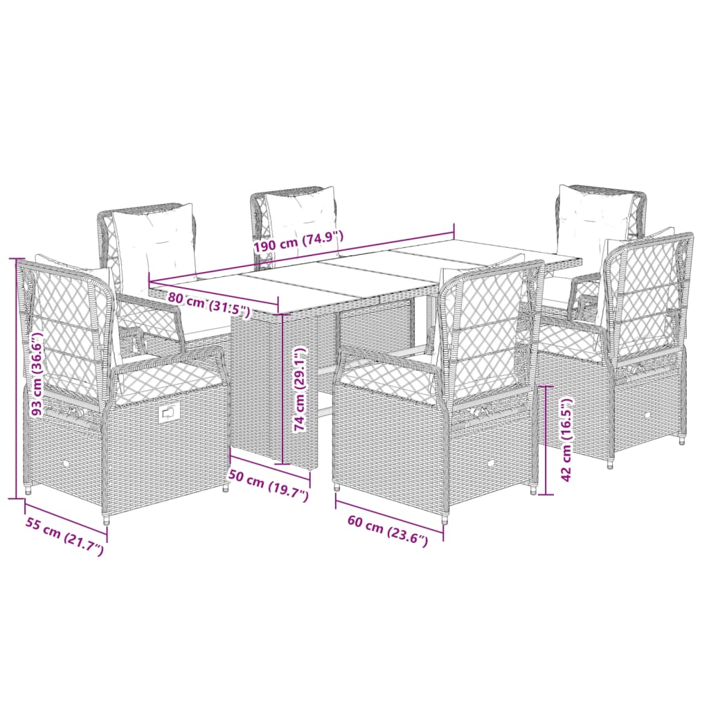 7 Piece Garden Dining Set with Cushions Grey Poly Rattan