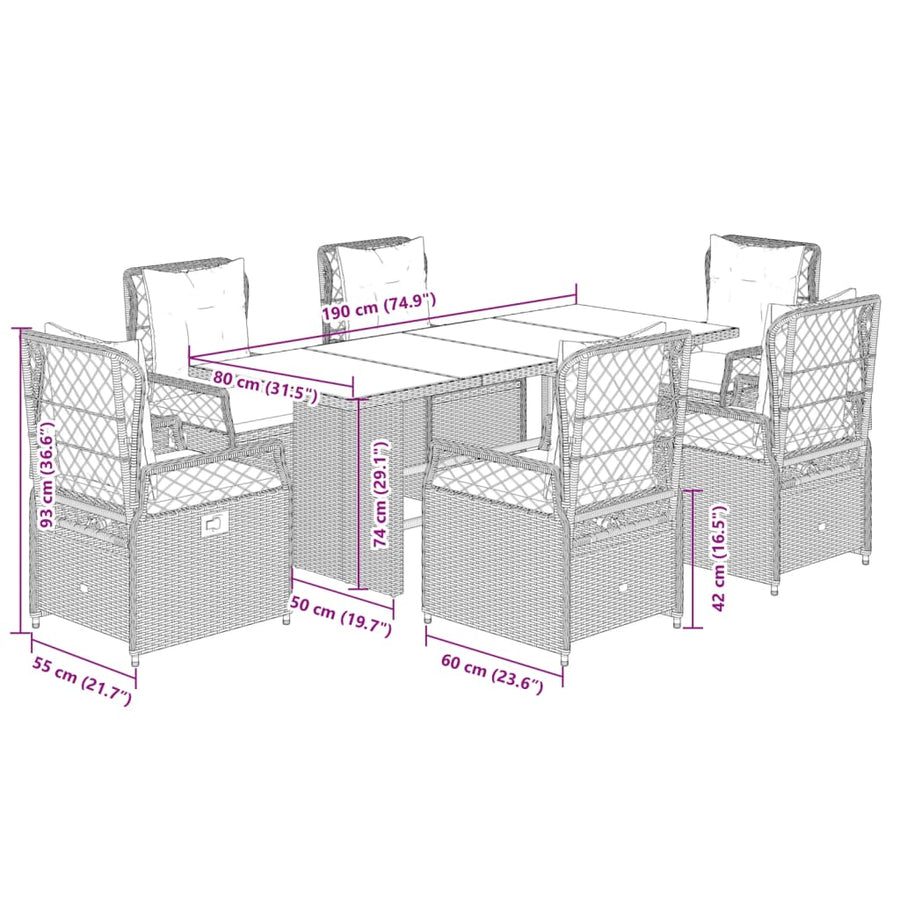 7 Piece Garden Dining Set with Cushions Grey Poly Rattan