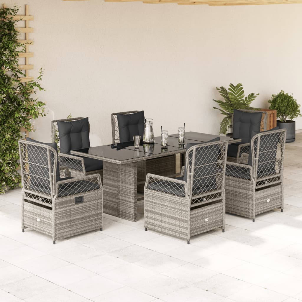 7 Piece Garden Dining Set with Cushions Grey Poly Rattan