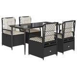 5 Piece Garden Dining Set with Cushions Black Poly Rattan - Front View