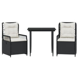 3 Piece Garden Dining Set with Cushions Black Poly Rattan - Front View
