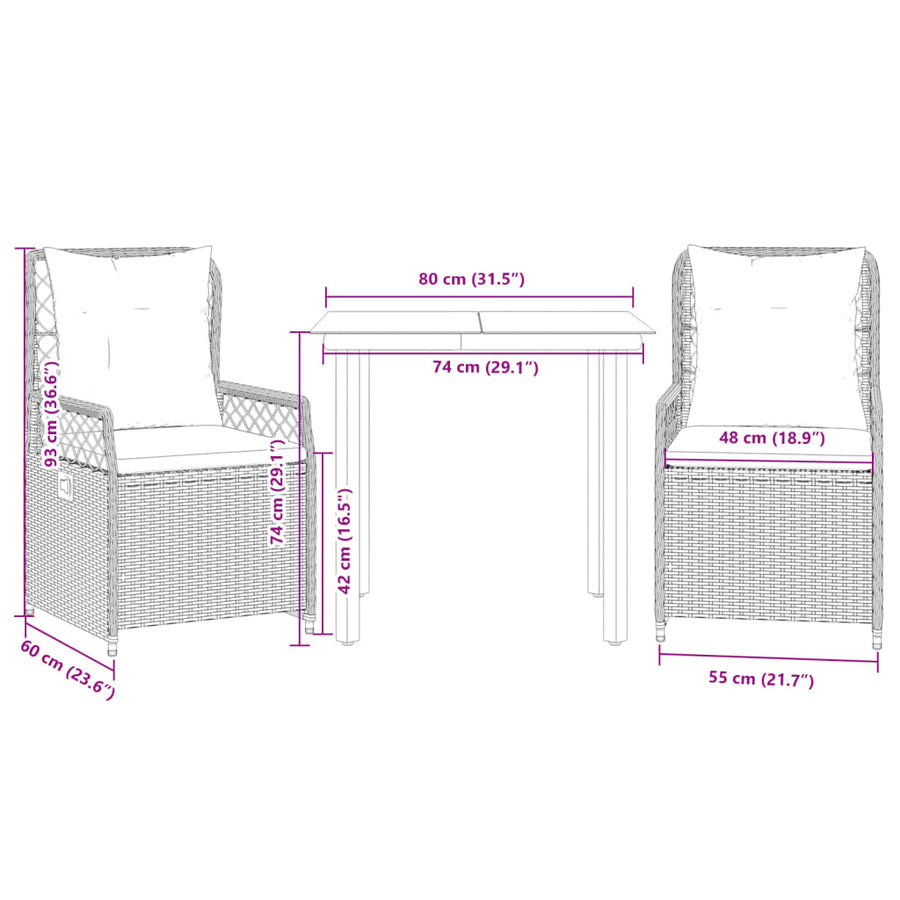 3 Piece Garden Dining Set with Cushions Black Poly Rattan