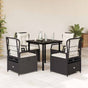 5 Piece Garden Dining Set with Cushions Black Poly Rattan