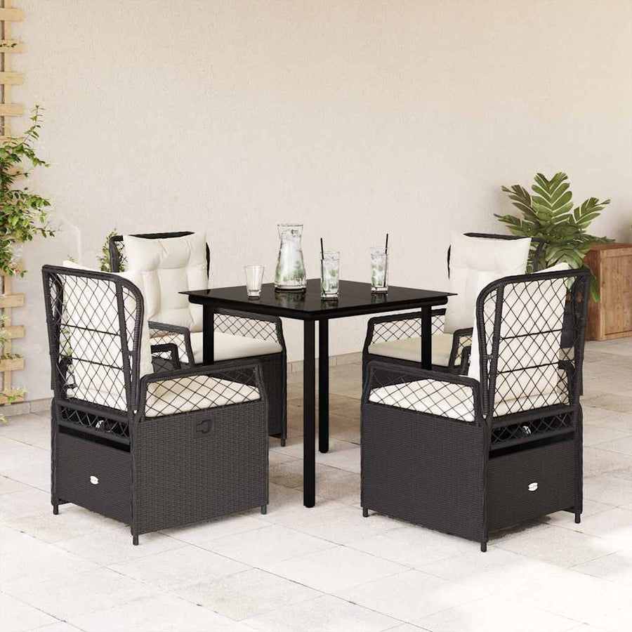 5 Piece Garden Dining Set with Cushions Black Poly Rattan