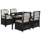 5 Piece Garden Dining Set with Cushions Black Poly Rattan - Front View