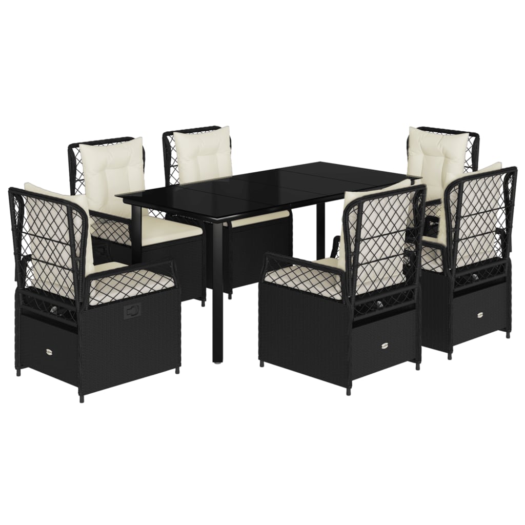 7 Piece Garden Dining Set with Cushions Black Poly Rattan