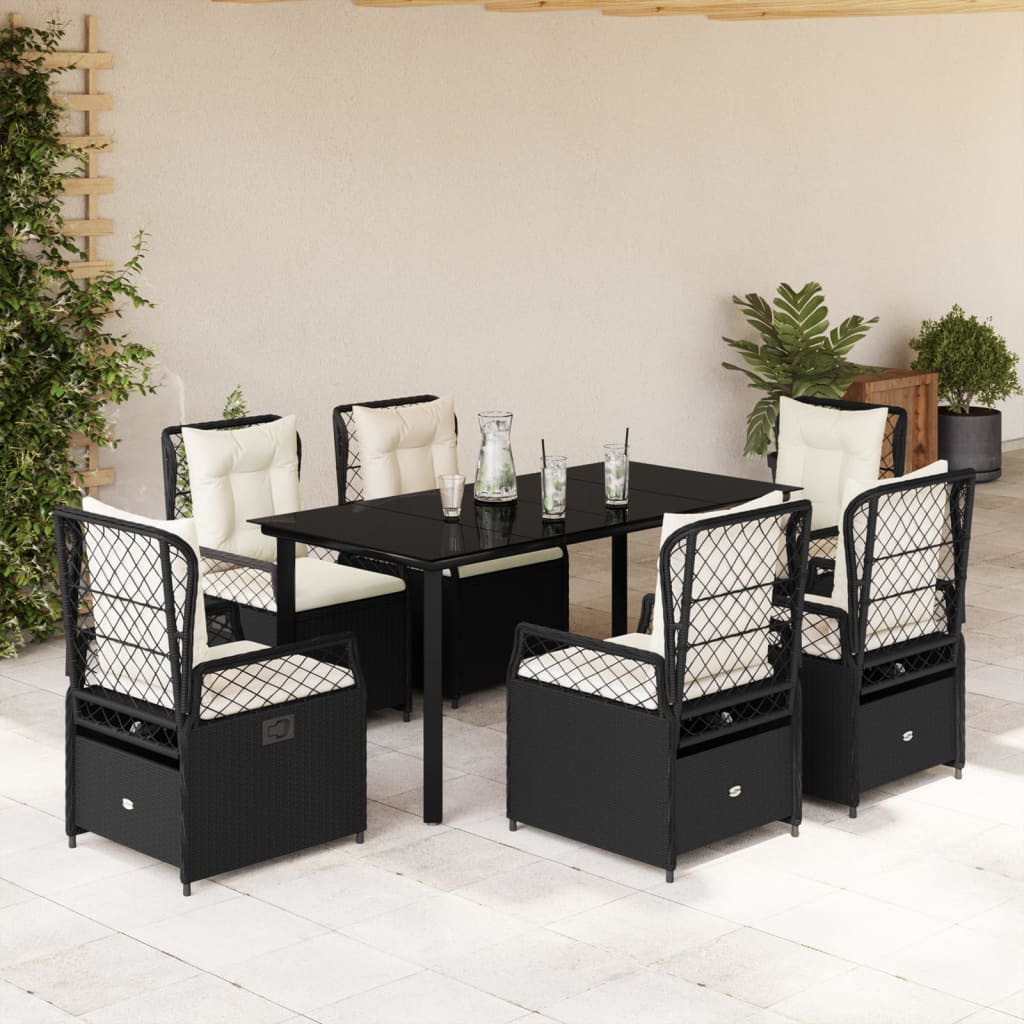 7 Piece Garden Dining Set with Cushions Black Poly Rattan