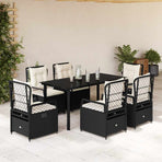 7 Piece Garden Dining Set with Cushions Black Poly Rattan