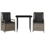 3 Piece Garden Dining Set with Cushions Grey Poly Rattan - Front View