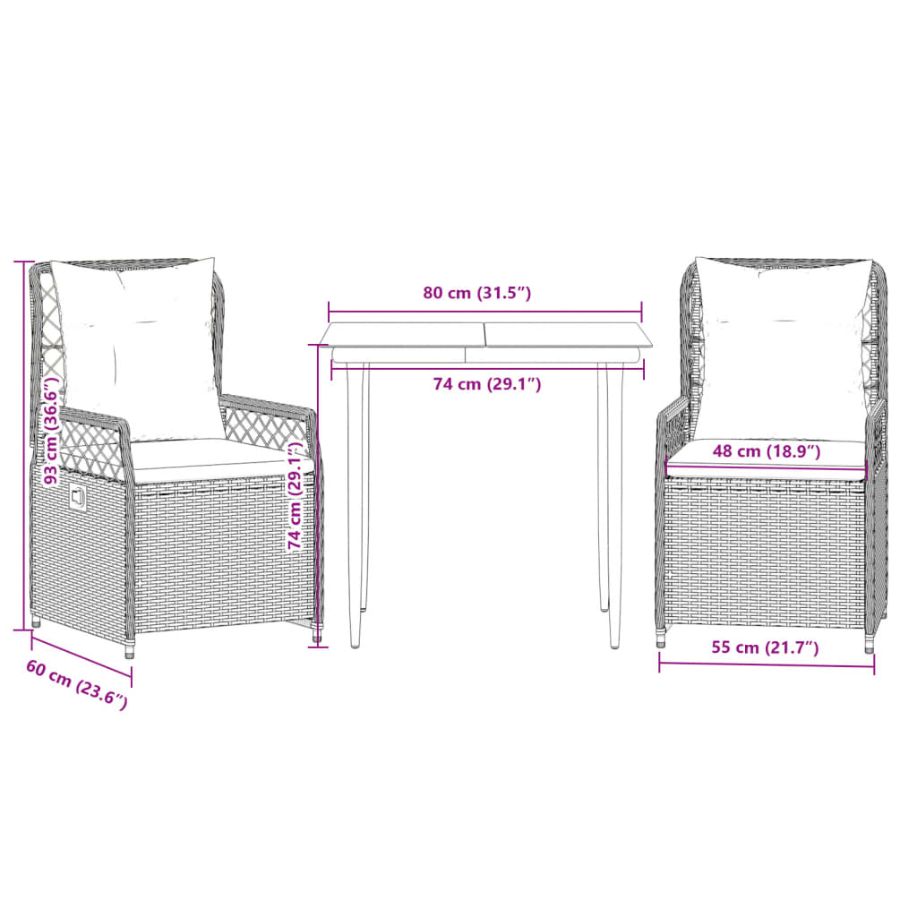 3 Piece Garden Dining Set with Cushions Grey Poly Rattan