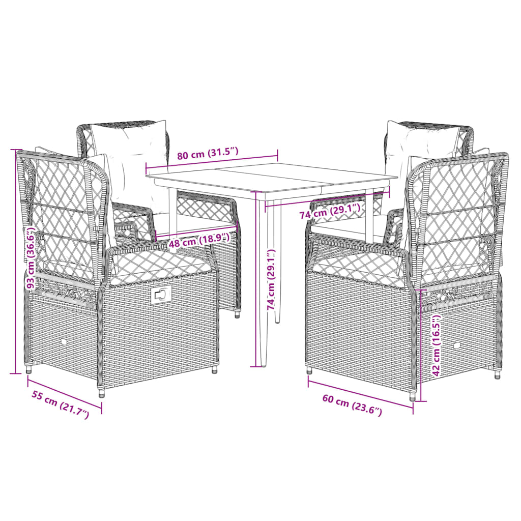 5 Piece Garden Dining Set with Cushions Grey Poly Rattan