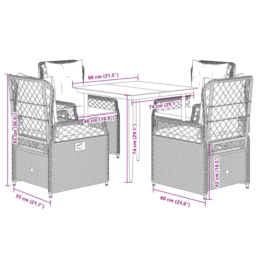 5 Piece Garden Dining Set with Cushions Grey Poly Rattan