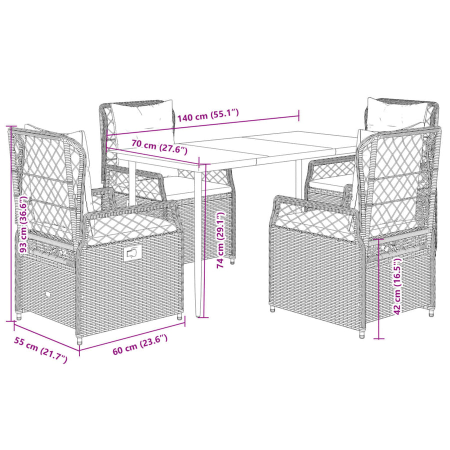 5 Piece Garden Dining Set with Cushions Grey Poly Rattan