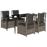 5 Piece Garden Dining Set with Cushions Grey Poly Rattan - Front View