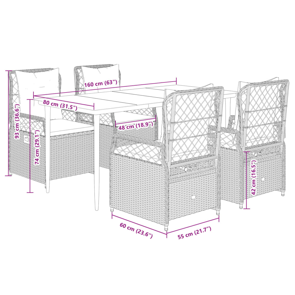 5 Piece Garden Dining Set with Cushions Grey Poly Rattan