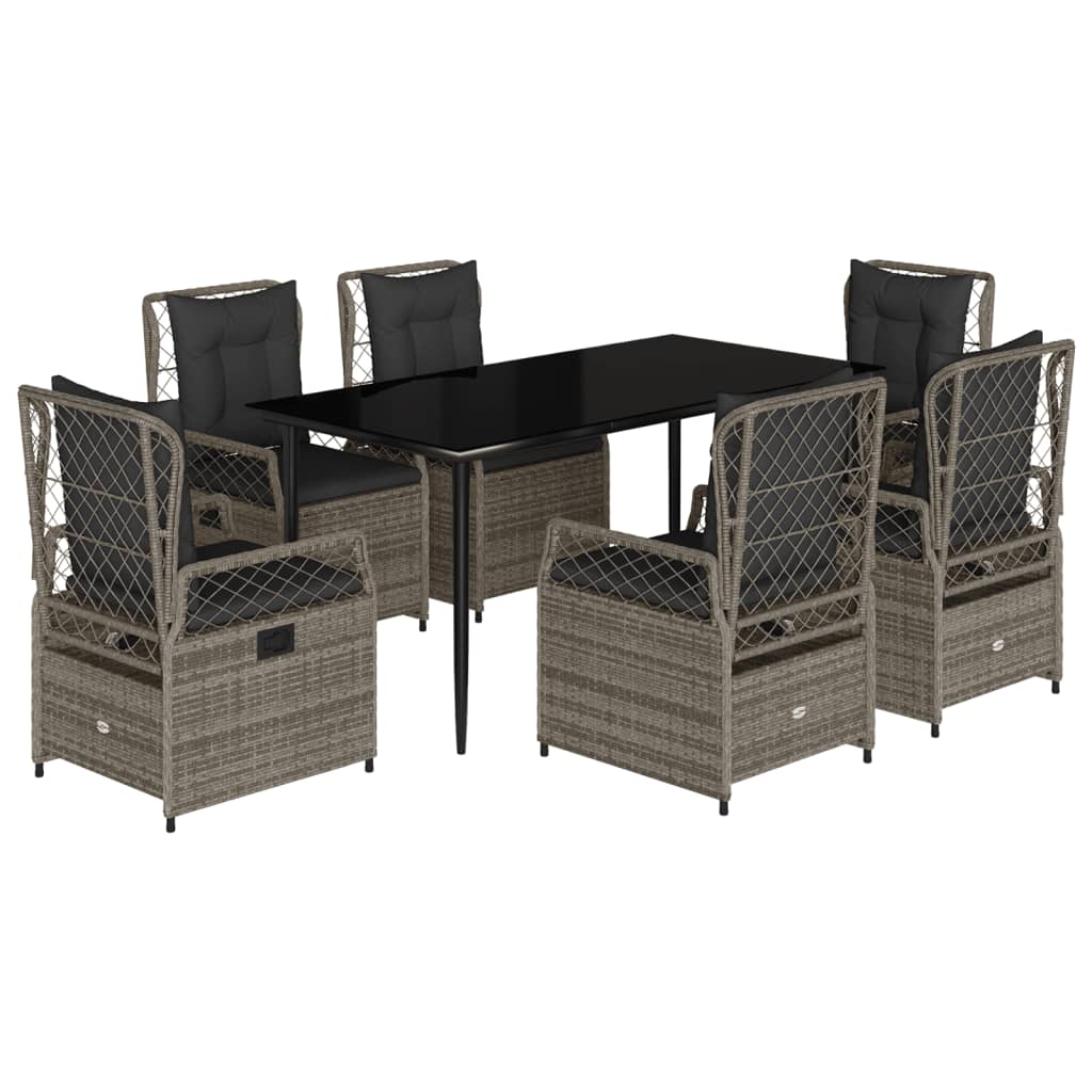 7 Piece Garden Dining Set with Cushions Grey Poly Rattan