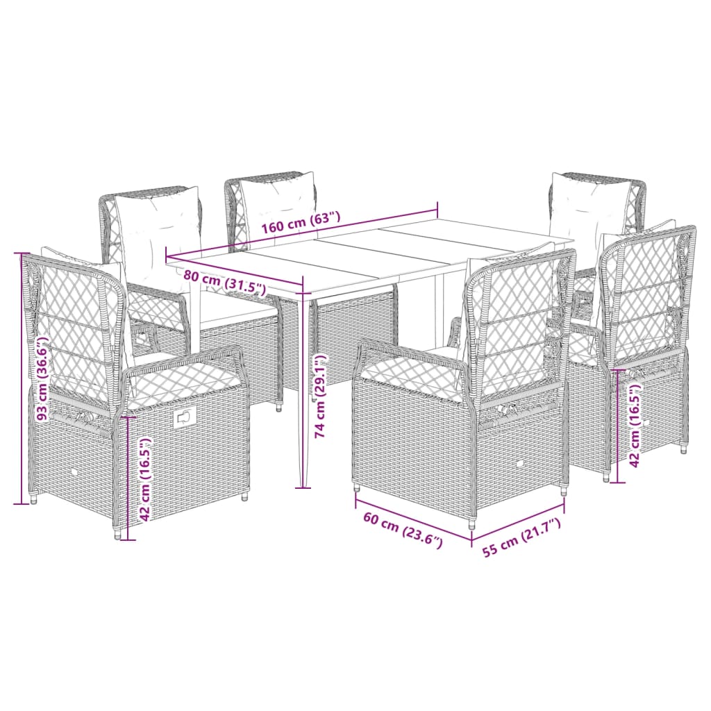 7 Piece Garden Dining Set with Cushions Grey Poly Rattan