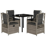 5 Piece Garden Dining Set with Cushions Grey Poly Rattan - Front View