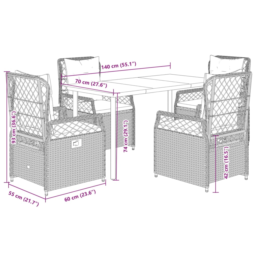 5 Piece Garden Dining Set with Cushions Grey Poly Rattan