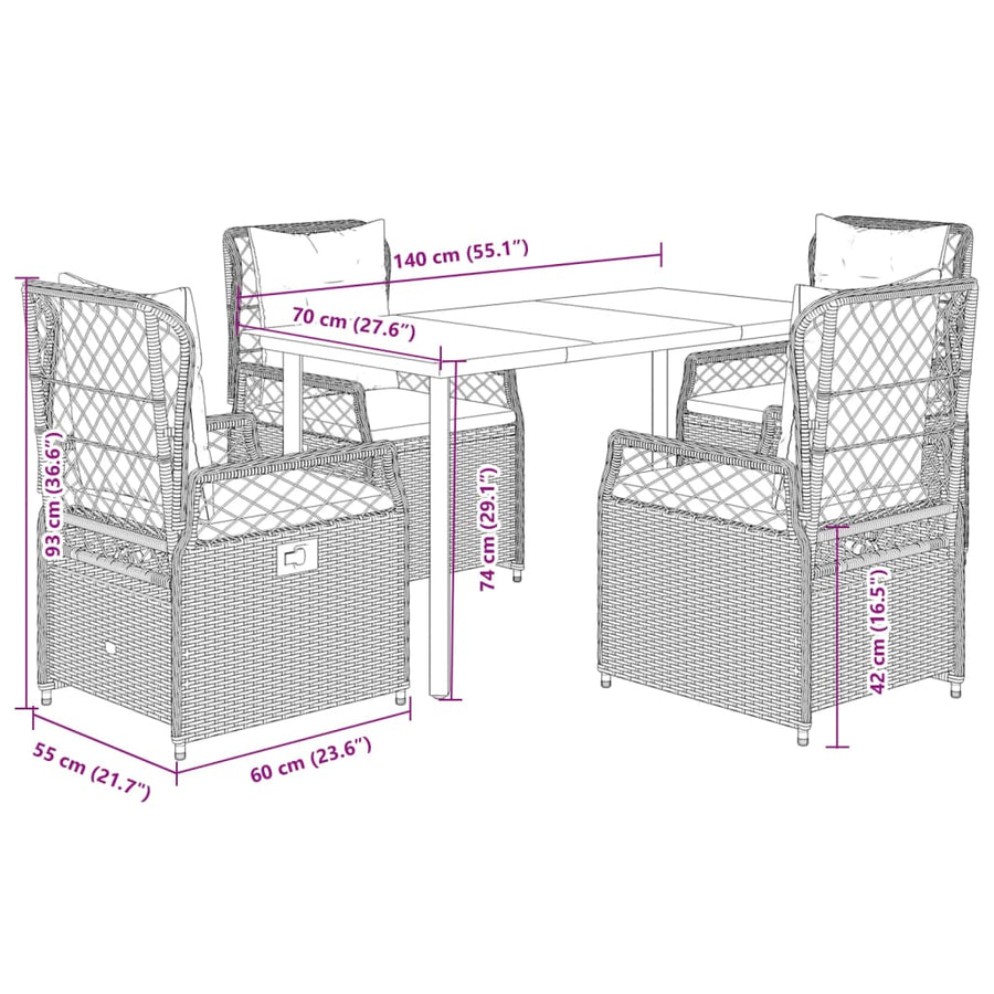 5 Piece Garden Dining Set with Cushions Grey Poly Rattan