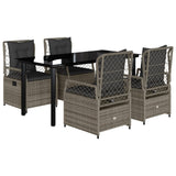 5 Piece Garden Dining Set with Cushions Grey Poly Rattan - Front View