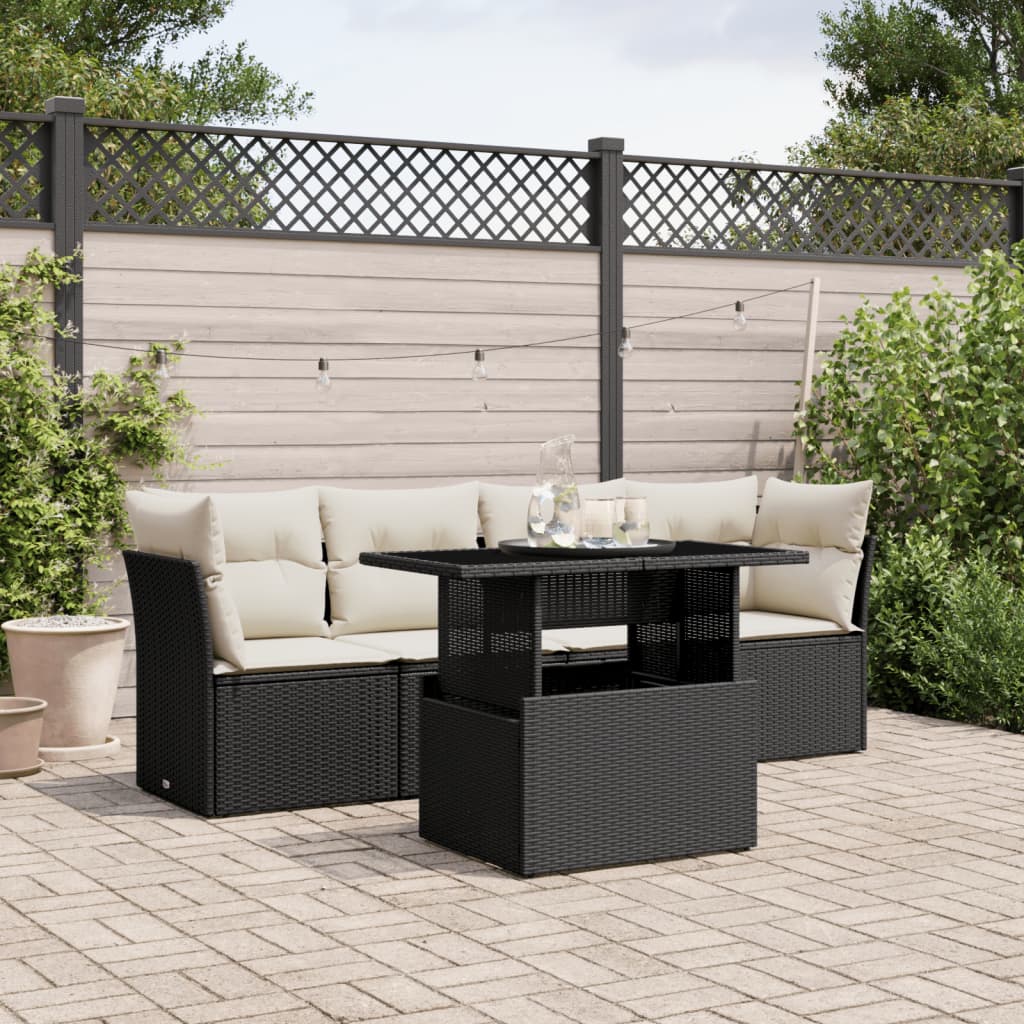 5 Piece Garden Sofa Set with Cushions Black Poly Rattan