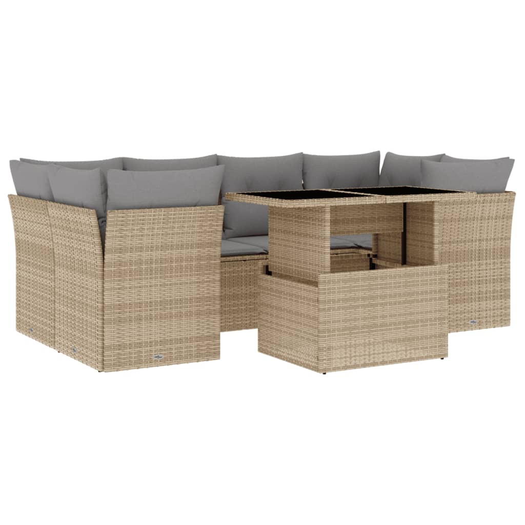 7 Piece Garden Sofa Set with Cushions Beige Poly Rattan