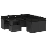 9 Piece Garden Sofa Set with Cushions Black Poly Rattan - Front View