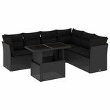 7 Piece Garden Sofa Set with Cushions Black Poly Rattan - Front View