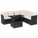 7 Piece Garden Sofa Set with Cushions Black Poly Rattan - Front View