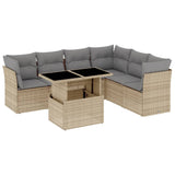 7 Piece Garden Sofa Set with Cushions Beige Poly Rattan - Front View