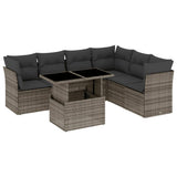 7 Piece Garden Sofa Set with Cushions Grey Poly Rattan - Front View