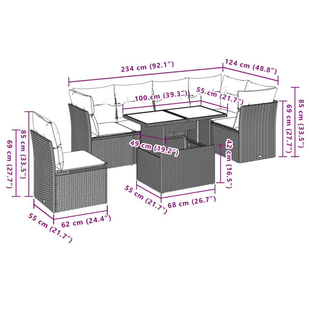 7 Piece Garden Sofa Set with Cushions Beige Poly Rattan
