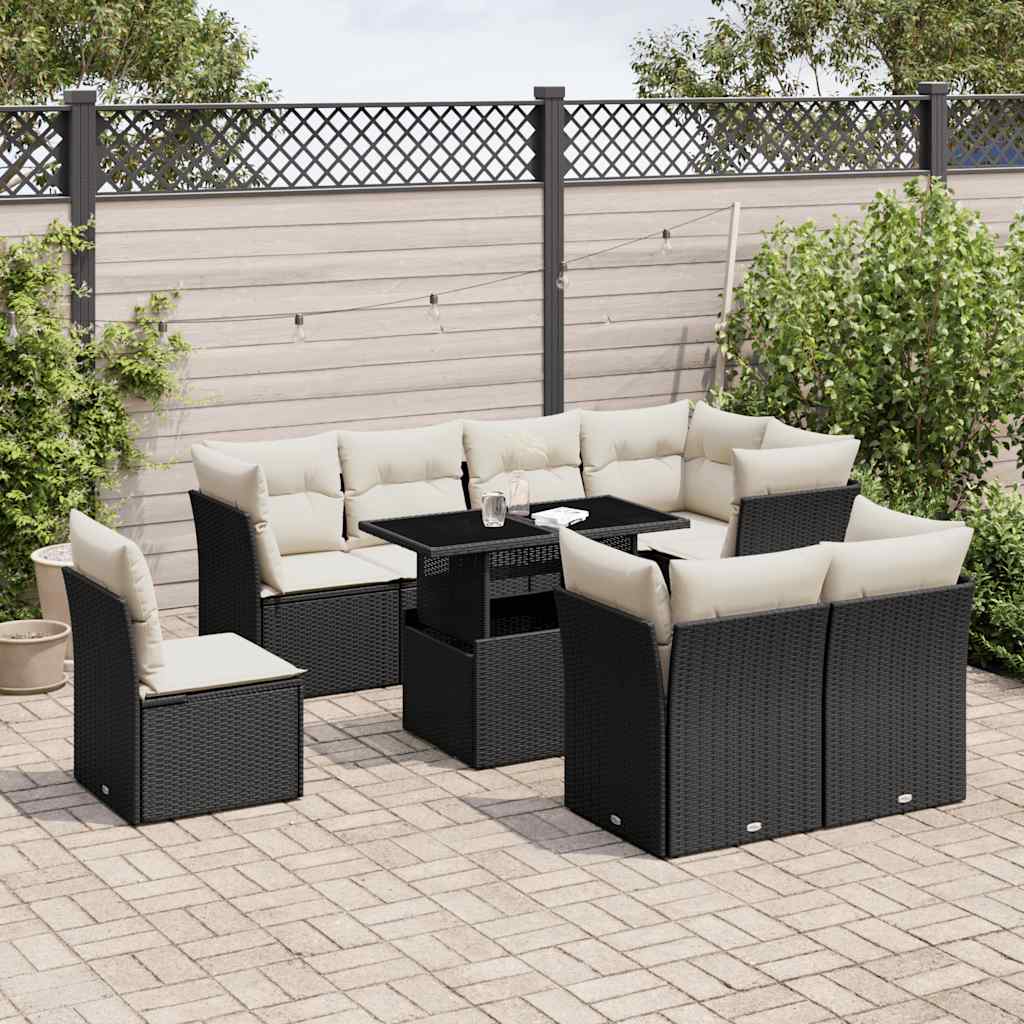 9 Piece Garden Sofa Set with Cushions Black Poly Rattan