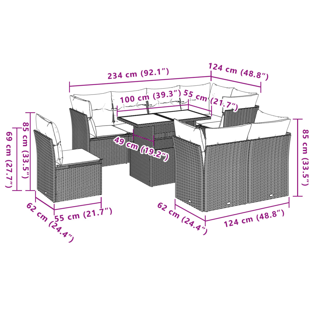 9 Piece Garden Sofa Set with Cushions Beige Poly Rattan