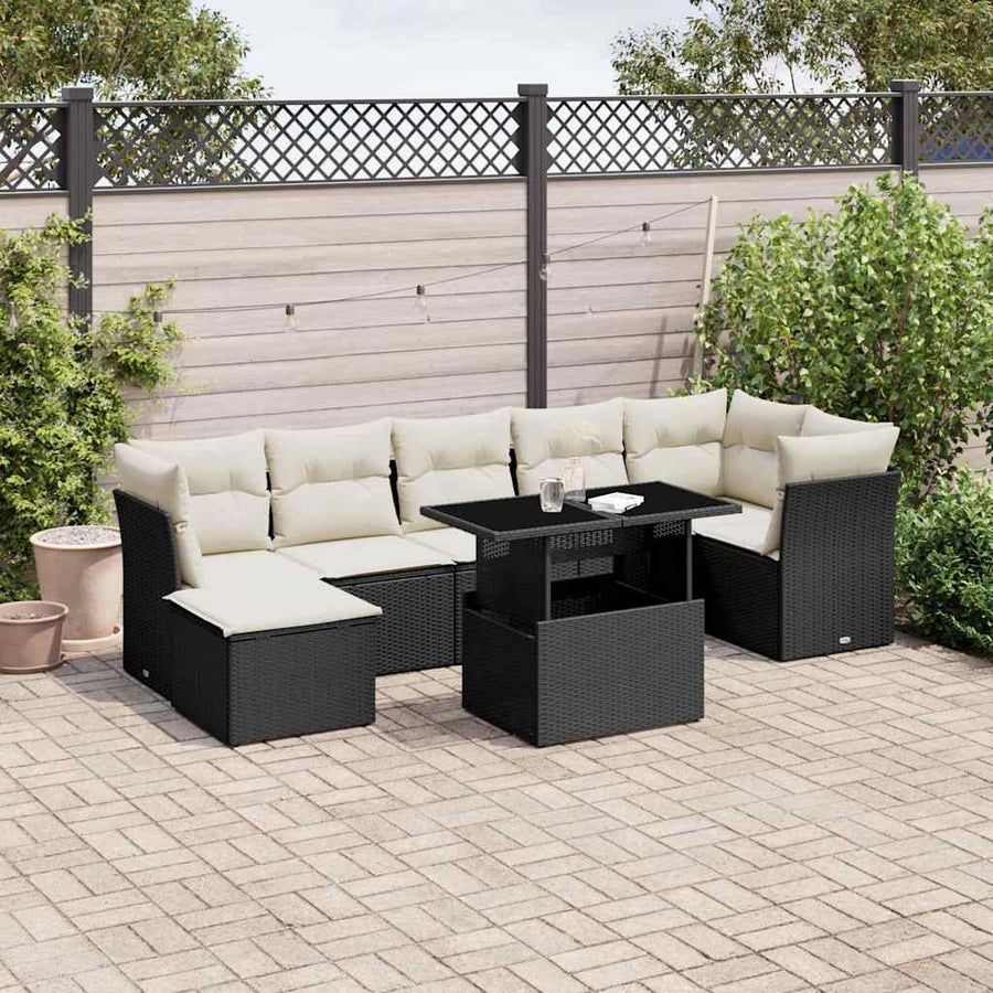 8 Piece Garden Sofa Set with Cushions Black Poly Rattan