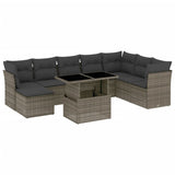 9 Piece Garden Sofa Set with Cushions Grey Poly Rattan - Front View