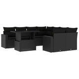 9 Piece Garden Sofa Set with Cushions Black Poly Rattan - Front View