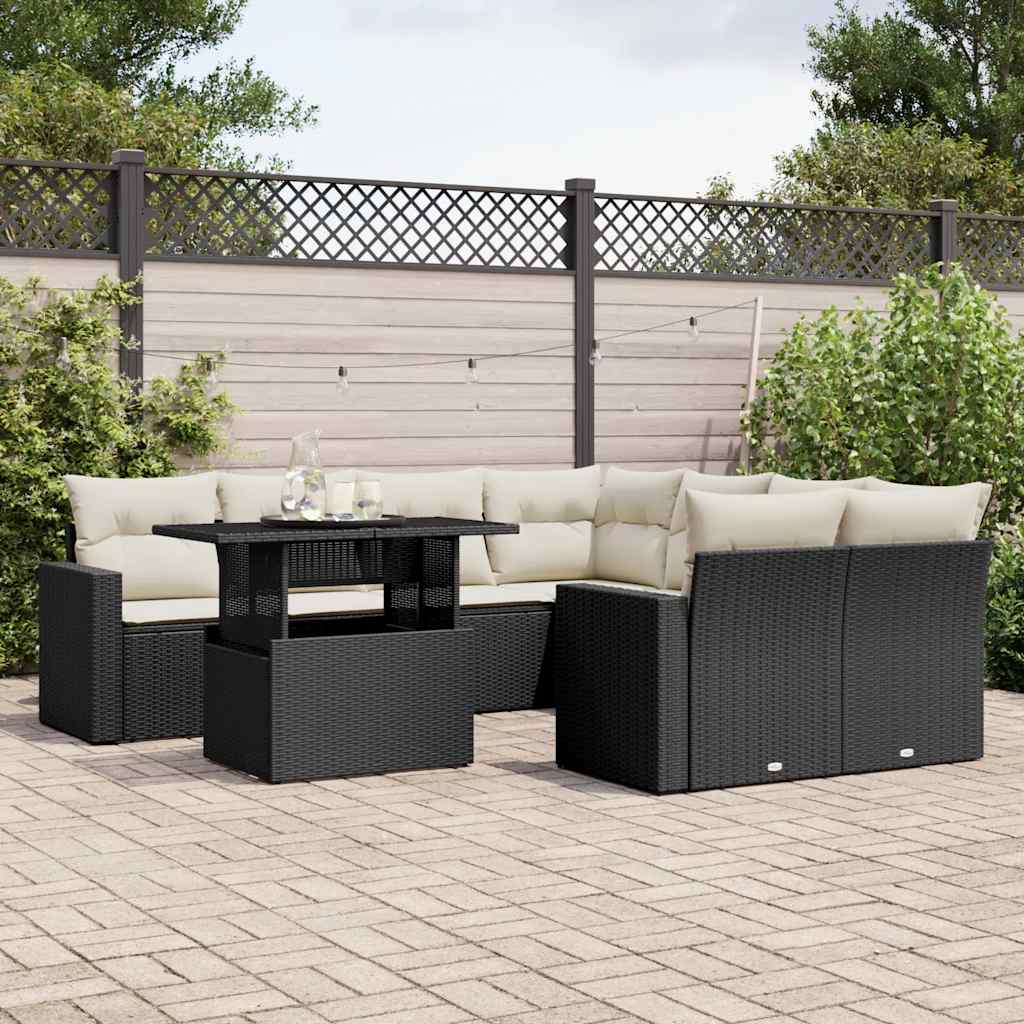 9 Piece Garden Sofa Set with Cushions Black Poly Rattan