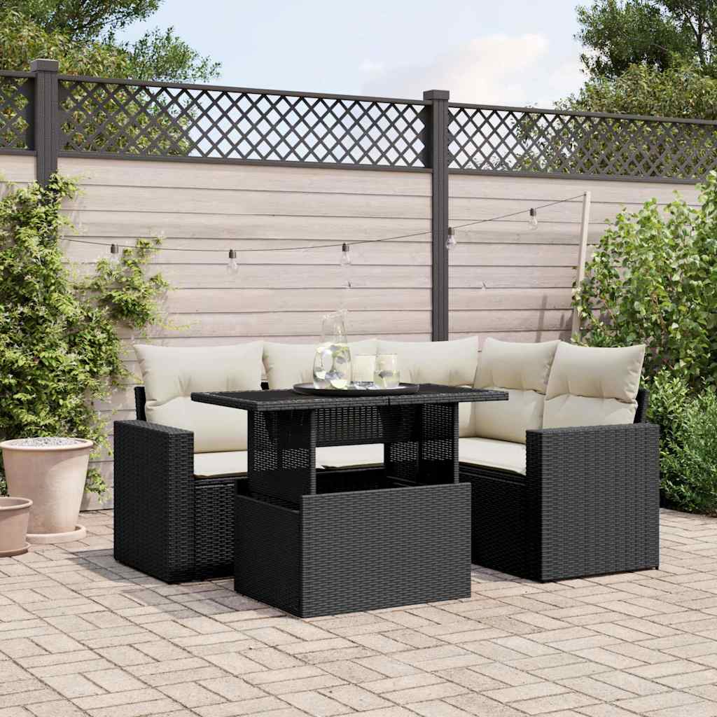 5 Piece Garden Sofa Set with Cushions Black Poly Rattan
