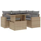 5 Piece Garden Sofa Set with Cushions Beige Poly Rattan - Front View