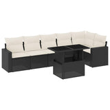 7 Piece Garden Sofa Set with Cushions Black Poly Rattan - Front View