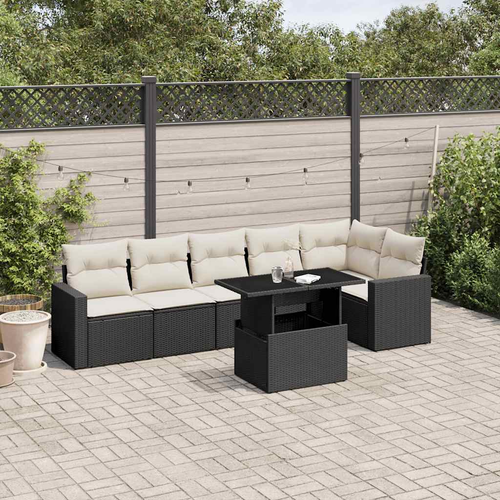 7 Piece Garden Sofa Set with Cushions Black Poly Rattan