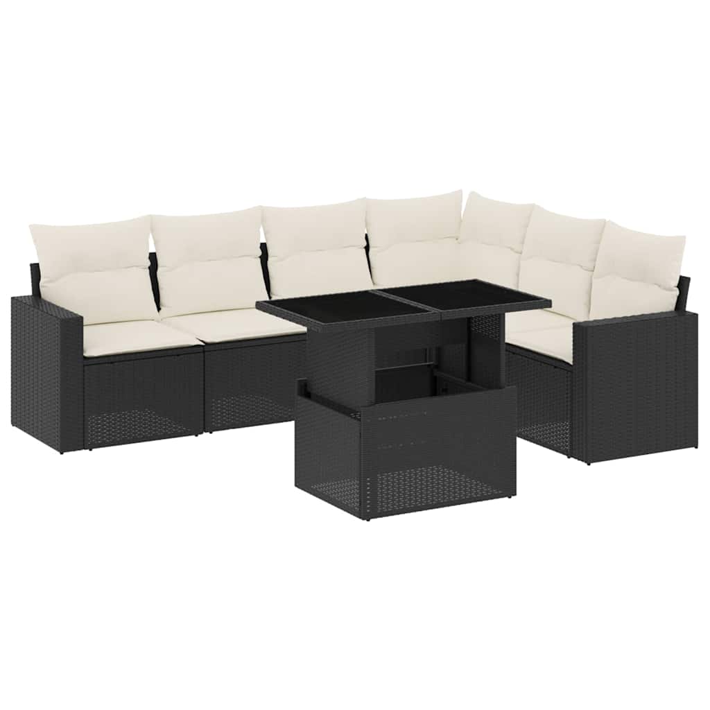 7 Piece Garden Sofa Set with Cushions Black Poly Rattan