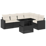 7 Piece Garden Sofa Set with Cushions Black Poly Rattan - Front View